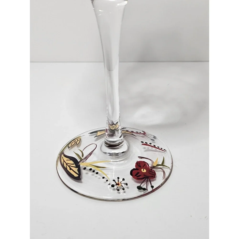 Set of 2 Pier 1 Carynthum Wine Glasses Hand Painted Fall Floral Stemmed Goblets